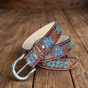 Ceinture en cuir pleine fleur pour homme, qualité export, style western, avec gravure florale artisanale et boucle ardillon en laiton nickelé - Product Image 5
