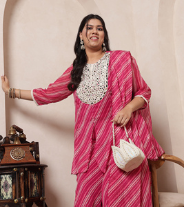 Conjunto DEEBACO para Mujer, Casual, Lehariya, Chifón, Top Peplum con Paneles hasta el Tobillo y Sharara Dupatta, Transpirable, Moderno y Elegante - Product Image 6