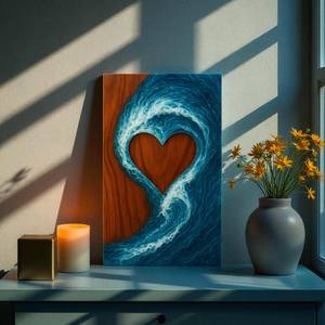 Urna de madera de nogal hecha a mano con recorte de corazón de resina con diseño de olas oceánicas, caja única para cenizas humanas, tamaño mediano 9x5.5 pulgadas. - Product Image 1