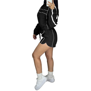 Custom <b>Women</b> <b>Windbreaker</b> Tracksuit Casual Sportswear Piping Design Long Sleeve Full Zip Crop Jacket and Drawstring Shorts - Product Image 2
