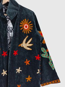 Embroidered Floral Velvet Jacket Mandarin Collar Full Sleeve Prairie Chic Style Plus Size Women'<b>s</b> Winter Wear - Product Image 4