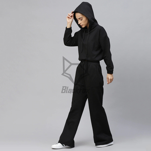 Conjunto Deportivo Negro con Capucha para Mujer, Manga Larga, Color Sólido, Corte Holgado, Pantalones Casuales para Correr con Bolsillos Laterales y Cintura con Cordón - Product Image 5