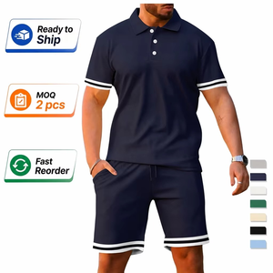 Ensemble polo et short pour homme, bleu clair, couleur unie, tricoté, respirant, décontracté, été, 100% coton - Product Image 2