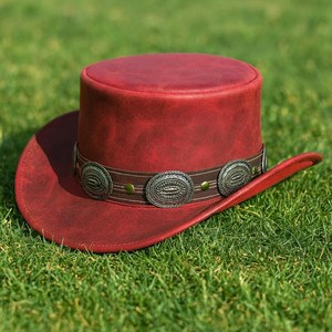 Top Quality Genuine Leather Handmade Red Leather Top <b>Hat</b> With Concho <b>Band</b> For Festival Cosplay Fashion - Product Image 3