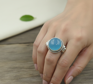 Bague en calcédoine bleue naturelle, argent sterling 925, faite à la main, cabochon rond, pierre précieuse vintage, bijoux bohèmes pour cadeau de Noël homme - Product Image 5