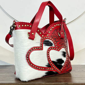 Bolso de Hombro de Cuero Repujado con Pelo de Vaca Estilo Western Hecho a Mano, Bolsos Tote de Diseño de Boutique de Moda con Estampado de Corazón y Correa Ajustable - Product Image 4