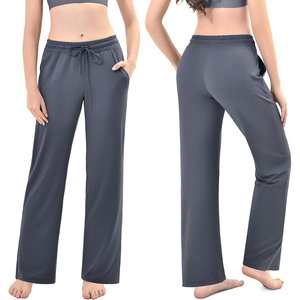 Pantalones de mujer, pantalones anchos grises, cintura elástica con cordón, corte holgado, pantalones deportivos informales de longitud completa con bolsillos, color sólido - Product Image 1