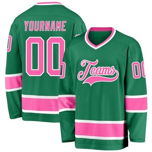 Maillot de hockey sur glace personnalisé vert et rose, col en V, impression sublimée, logo des équipes, polyester respirant, unisexe adulte, manches longues - Product Image 1