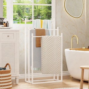 Porte-serviettes double niveau sur pied en métal blanc, design minimaliste pour salle de bain, rangement gain de place - Product Image 1