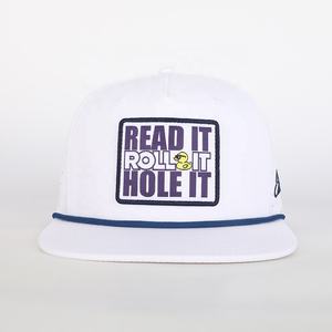 Gorra de poliéster OEM de alta calidad al por mayor con logo bordado y perforaciones cortadas a láser, visera plana, 5 paneles y cierre snapback con cuerda. - Product Image 2