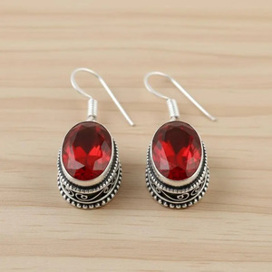 Red <b>Garnet</b> Dangle <b>Earrings</b> | Handmade Boho Western Jewelry. Oval Gemstone Vintage Filigree Drop Jewelry - Product Image 2