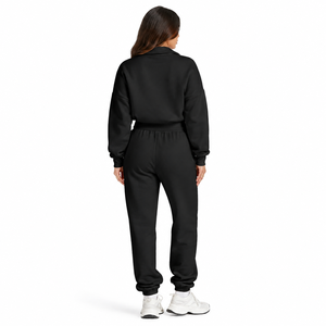 Conjunto Deportivo de Mujer Negro con Media Cremallera y Cordón Ajustable, Sudadera y Pantalones Largos con Bolsillos Laterales, Poliéster/Algodón, Ropa Casual - Product Image 3