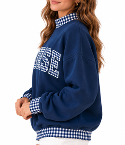 Wholesale Custom Women’s <b>Mock</b> Neck Pullover Gingham Letter Applique Ribbed Cotton Oversized Winter Sweatshirt - Product Image 2
