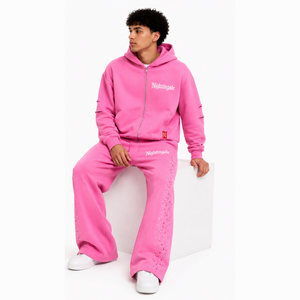 Ensemble de survêtement en gros avec fermeture éclair et strass, pantalon de jogging ample et épais à jambe large et sweat à capuche, style mode - Product Image 5