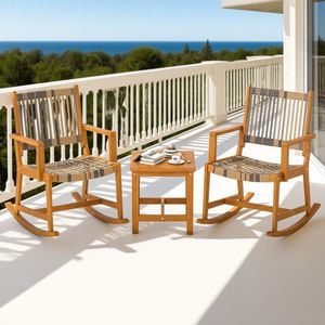Set da Patio a 3 Pezzi in Legno di Acacia, Sedia a Dondolo con Seduta e Schienale in Rattan - Product Image 1