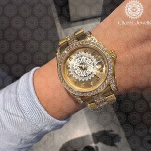 Charm Jewells Luxury Women's Gold <b>Watch</b> <b>Diamond</b> Bezel Analog Quartz Round 36mm Folding Clasp - Product Image 3