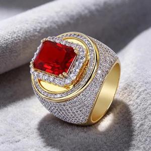 Bague sertie de rubis et saphirs taille radiant, Bague signet halo ronde style hip-hop pour homme, Bague pinky bling avec pierre précieuse rouge, Bijou de déclaration pour rappeur - Product Image 2