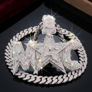 Pendentif Lettre Personnalisé Plaqué Or avec Diamants, Chaîne Cubaine en Argent Sterling 925, Coupe Baguette, Unisexe, 112g, Bijoux Hip Hop OEM ODM - Product Image 1