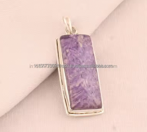 Colgante de piedras preciosas de charoita genuina, joyería bohemia de plata de ley sólida 925, colgante de charoita de forma ovalada, joyería de boda para él - Product Image 4