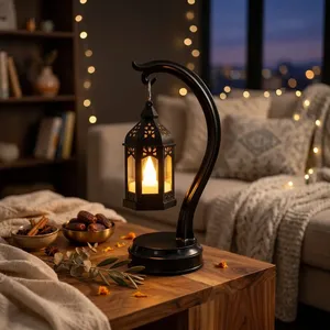 Black Iron Hanging <b>Lantern</b> <b>Candle</b> <b>Holder</b> with Curved Stand Decorative Tealight <b>Lantern</b> for Home Decor Living Room Bedroom Table - Product Image 2
