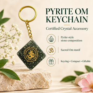 Porte-clés mousqueton en alliage plaqué or avec pierre précieuse naturelle Pyrite, pendentif carré en cristal Om religieux, cadeau - Product Image 2