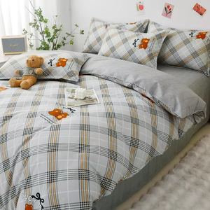 Modern Plaid Cotton <b>Duvet</b> Cover <b>Set</b> 300tc All-Season Washable Home Bedding Gray with Floral <b>Pillows</b> - Product Image 4