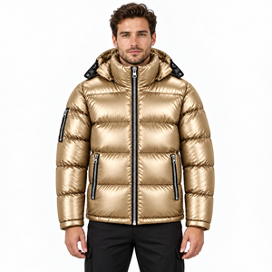 Mens Hooded Winter Jacket Shiny Puffer Coat Warm <b>Quilted</b> Padding High Collar Full Zip Closure Zip Pockets Urban Casual Outerwear - Product Image 5