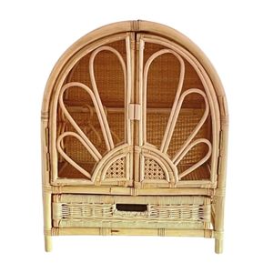 Natural Rattan Doll Wardrobe With <b>Drawer</b> And Hangers Miniature <b>Clothes</b> Storage Cabinet Boho Kids Nursery Furniture Play Toy Set - Product Image 1