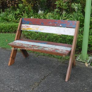 Banc d'extérieur artisanal avec dossier en bois de bateau recyclé couleur naturelle pour jardin, parc, maison – Mobilier démontable - Product Image 2