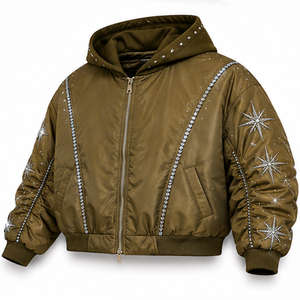 Custom Women's Hooded Olive Puffer Bomber <b>Jacket</b> Rhinestone <b>Star</b> Flame Diamante Bling Oversized Winter Coat Wholesale Suppliers - Product Image 1