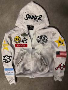 เสื้อฮู้ดดี้ผู้ชายผ้าฝ้ายแท้ 100% คุณภาพสูง สไตล์สตรีท ประดับคริสตัลครึ่งตัว น้ำหนัก 400 กรัม พิมพ์ลาย DTG ดีไซน์โดดเด่น - Product Image 1