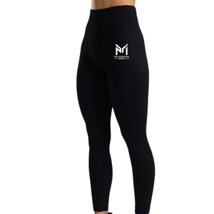 Leggings de yoga côtelés taille haute longueur intégrale avec logo sur la jambe droite, en Spandex Nylon, extensibles dans quatre directions, taille élastique, couleur noire unie - Product Image 4