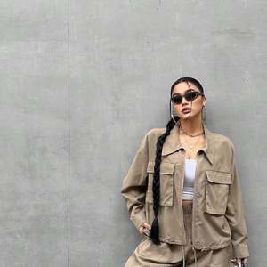 Conjunto de Chaqueta y Pantalones Cargo Casuales para Mujer, Manga Larga, Estilo Utilitario, 2 Piezas - Product Image 1