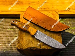 Couteau de camping Skinner à pointe tombante en acier Damas forgé à la main, ultra-affûté, avec fourreau en cuir et manche en bois de rose, pour l'autodéfense, OEM/ODM - Product Image 5
