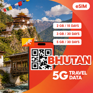 Forfait eSIM pour le Bhoutan : 2 Go 15 jours / 3 Go 30 jours / 5 Go 30 jours – Internet mobile 4G/5G rapide, configuration facile par code QR - Product Image 1