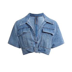 Men's Light Blue Denim Cropped Shirt Turn-down Collar Short Sleeve Casual Summer Wear - Product Image 4