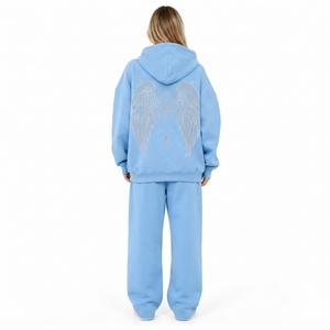 <b>Women's</b> Rhinestone Printed Drop Shoulder Hooded Sweat <b>Shirt</b> & <b>Baggy</b> Sweat Pant Set Ladies Pullover Hooded Full Length Trackuit - Product Image 4