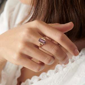 Women's Amethyst Gemstone Ring 14k solid Gold Baguette Cut Bezel Setting Classic Style Fine Jewelry - Product Image 2