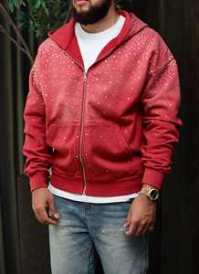 Sudadera con capucha para hombre con logotipo personalizado OEM, estilo vintage con pedrería, cremallera, mezcla de algodón transpirable, estilo streetwear, lavado ácido. - Product Image 3
