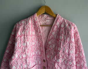 Pink Floral <b>Quilted</b> <b>Jacket</b> With Shawl Collar Button Closure Full Sleeve Spring Women's Outerwear gift for her - Product Image 4