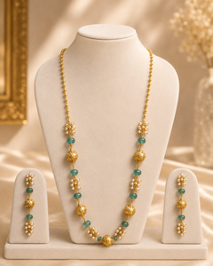 Ensemble collier et boucles d'oreilles classiques en or 24 carats et jade avec perles d'eau douce, parures de mariage pour femmes, motif floral - Product Image 4
