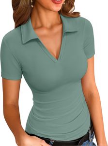 Polo de manga larga azul claro acanalado para mujer, top casual de punto liso, camisetas polo de longitud regular, venta al por mayor bajo demanda ODM - Product Image 2
