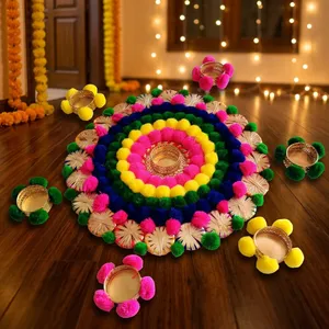 Handmade Multicolor Pom Pom Rangoli candle <b>Holder</b> Set with Golden <b>Tealight</b> Stands for Diwali Wedding and Home Decoration Decor - Product Image 6