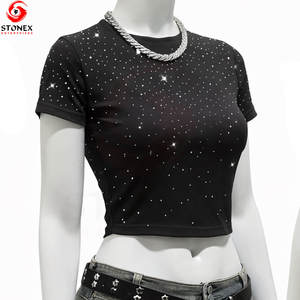 Nouveau T-shirt court à manches courtes pour femme, col rond, noir, respirant, avec motif en strass, pour l'été - Product Image 2