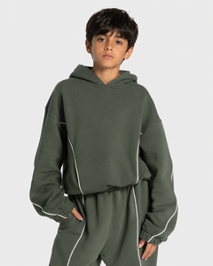 Sweat-shirt à capuche décontracté surdimensionné pour garçon, personnalisé, vert kaki avec lignes contrastées, en polaire premium, modèle OEM - Product Image 1
