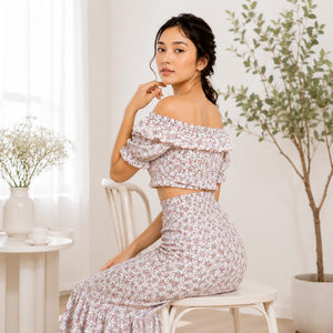 Women's Shoulder Short Sleeve Floral Print Discharge Printed Cotton Dress Ruffled Neckline Full Length Prairie Chic Spring - Product Image 5