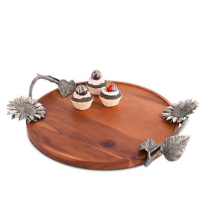 Plateau de service rond en bois avec poignée motif tournesol, idéal pour table basse, pour rehausser la décoration du salon, provenance Inde - Product Image 1