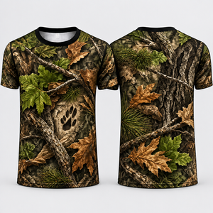 เสื้อยืดแขนสั้นลายพรางป่าสำหรับผู้ชาย คอกลม พิมพ์ลายอุ้งเท้าหมีและใบไม้ ผ้าโพลีเอสเตอร์ 100% เป็นมิตรกับสิ่งแวดล้อม - Product Image 1