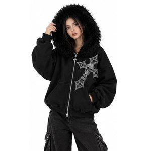 Women's <b>Gothic</b> Black Hooded Sweatshirt With Faux Fur Trim Skull Cross Print Zip-Up <b>Jacket</b> Winter Knitted Hoodie Regular Fit - Product Image 5