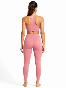 Conjunto de Yoga Rosa de 2 Piezas: Top Corto Racerback y Leggings de Cintura Alta, Sin Costuras, Color Sólido, Transpirable, de Secado Rápido y Ecológico - Product Image 3